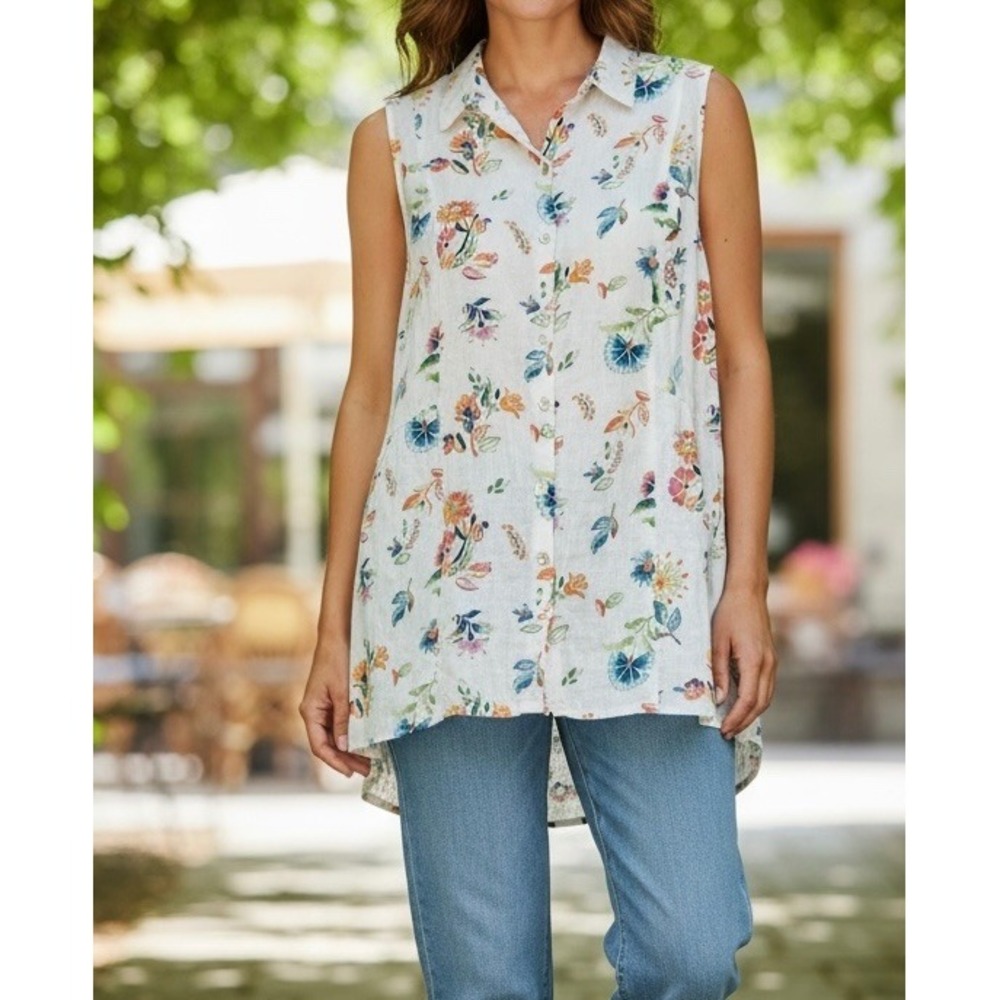 J. Jill Love Linen Floral Button Front Tunic Top Blouse Small‎ Crisp Cottagecore